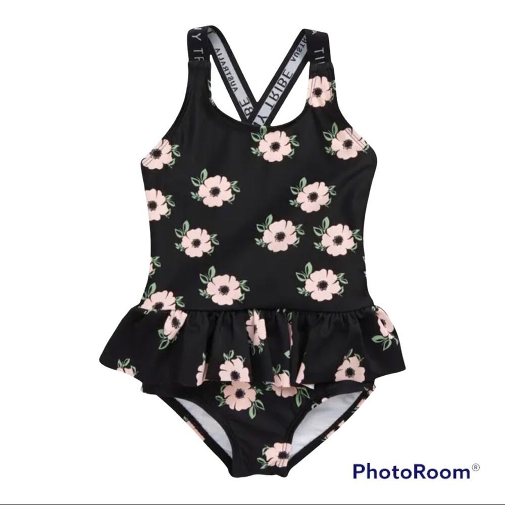 NWT Tiny Tribe Australia Floral Ruffle Swimsuit Girls One Piece Black Pink 12 M